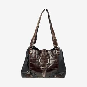 Brighton Croc Embossed Leather Shoulder Tote Bag Brown Black Large Boho Floral